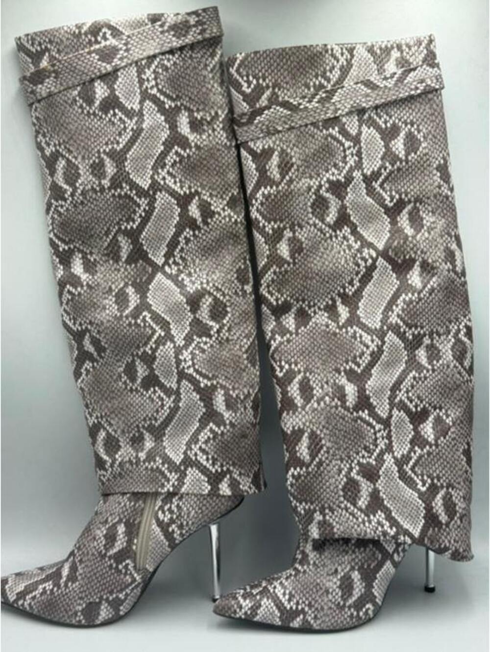 Liliana Snakeskin Fold-Over Knee High Stiletto Boots SZ: 7.5